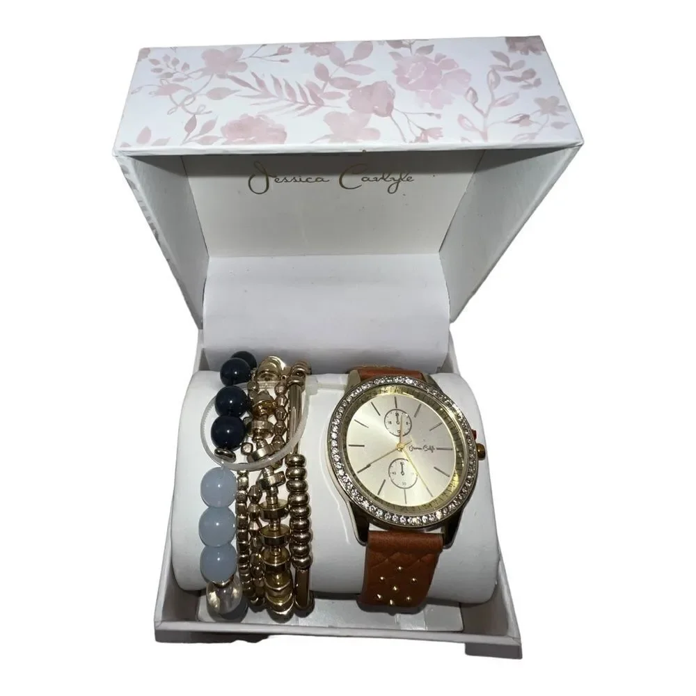 Jessica Carlyle Gold-Tone Brown Studded Strap Analog Watch & Bracelets New